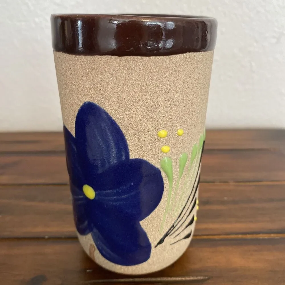 Vintage Mexican Art Pottery Stoneware Vase Hand Painted Floral Flowers 5”